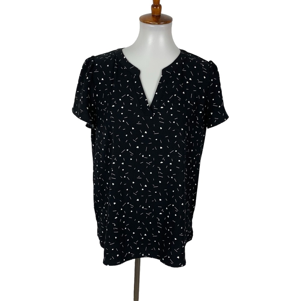 Hilary Radley Blouse Medium Black Heart Print Button Front Workwear Classic